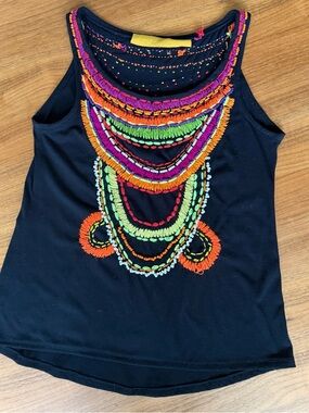 Black Hand Embroidered Tank Top Multi-Color Accents